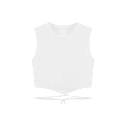 Crew Neck Plain Criss Cross Tie Back Crop Tank Top