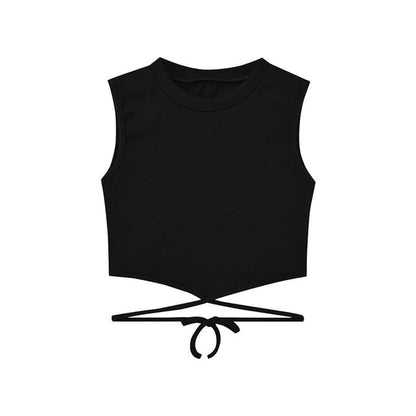 Crew Neck Plain Criss Cross Tie Back Crop Tank Top