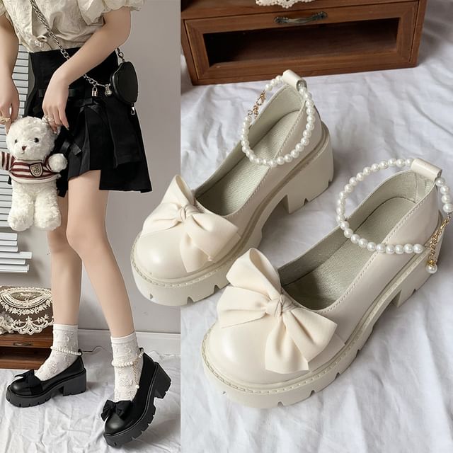 Ankle Strap Bow Platform Chunky Heel Loafers