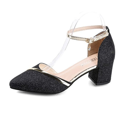 Almond Toe Glitter Ankle Strap Chunky Heel Sandals