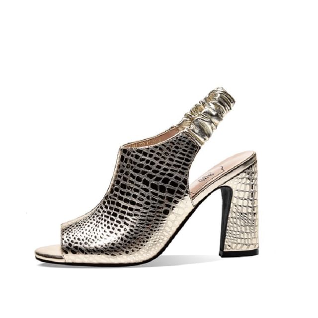 Croc Grain Faux Leather Peep Toe Chunky Heel Sandals