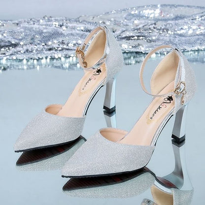 Pointed Glitter Ankle Strap Chunky Heel Sandals