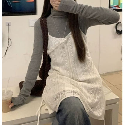 Long-Sleeve High Neck T-Shirt / Thin Strap Lace-Up Mini Overall Dress