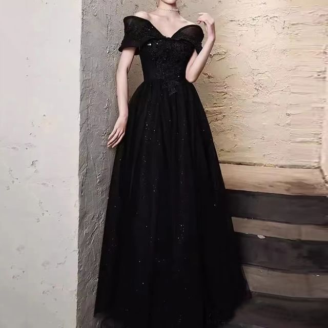 Short-Sleeve Off Shoulder Plain Sequin Mesh A-Line Evening Gown