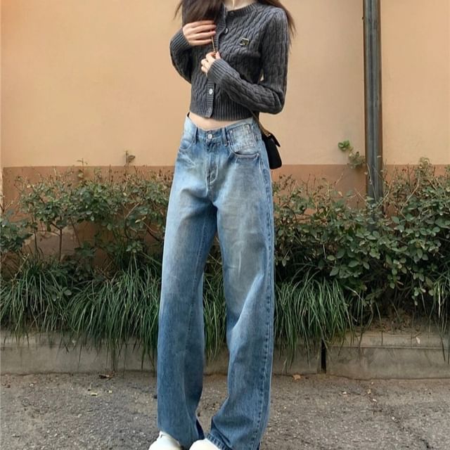 High Waist Washed Loose Fit Jeans