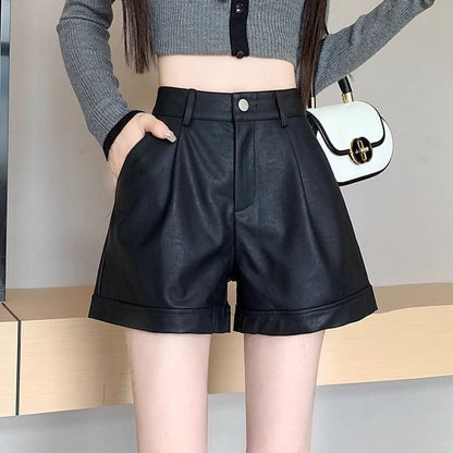 High Waist Plain Faux Leather Shorts