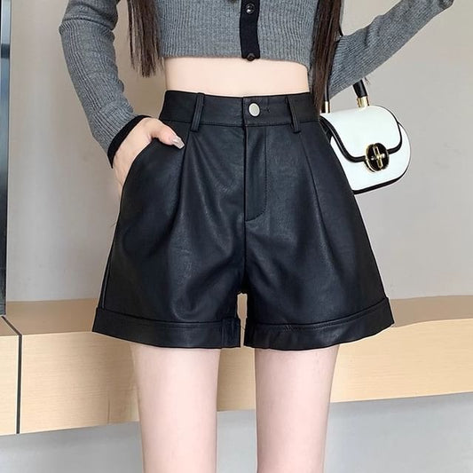 High Waist Plain Faux Leather Shorts
