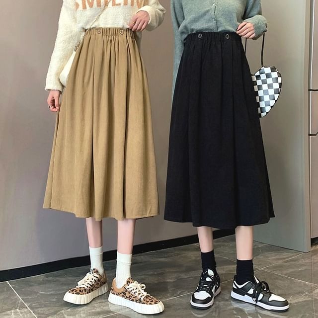 Elastic Waist Plain Pocket Midi A-Line Skirt