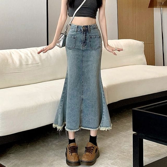 High Waist Washed Fray Midi Mermaid Denim Skirt