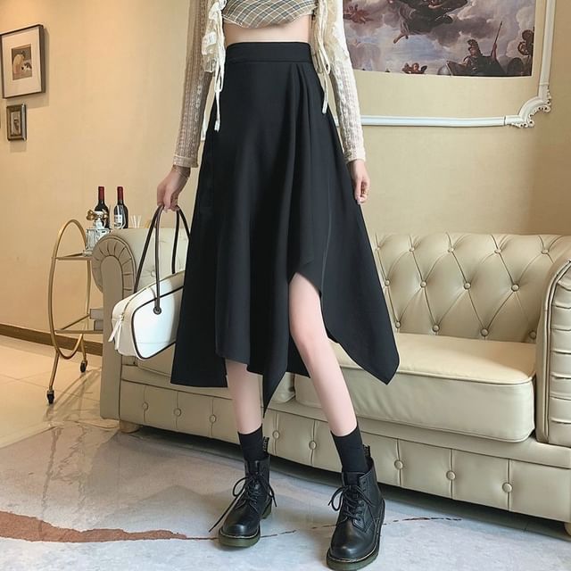 Elastic Waist Plain Asymmetrical Midi A-Line Skirt