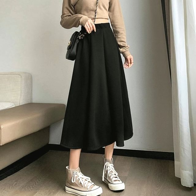 High Waist Plain Midi A-Line Skirt
