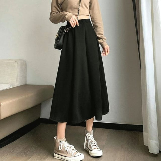 High Waist Plain Midi A-Line Skirt