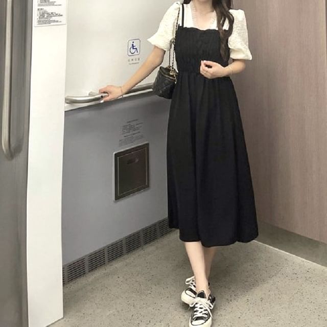 Puff Sleeve V-Neck Ruched Mock Two Piece Midi A-Line Dress