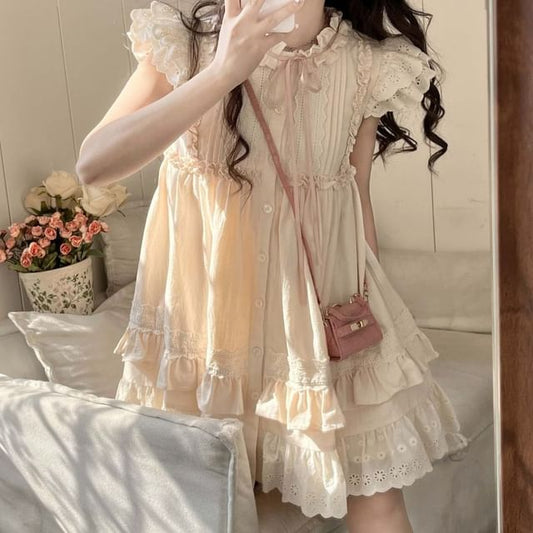 Cap Sleeve Round Neck Bow Embroidered Ruffle Mini A-Line Dress