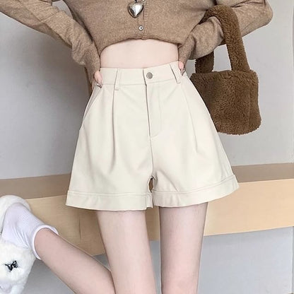 High Waist Plain Faux Leather Shorts