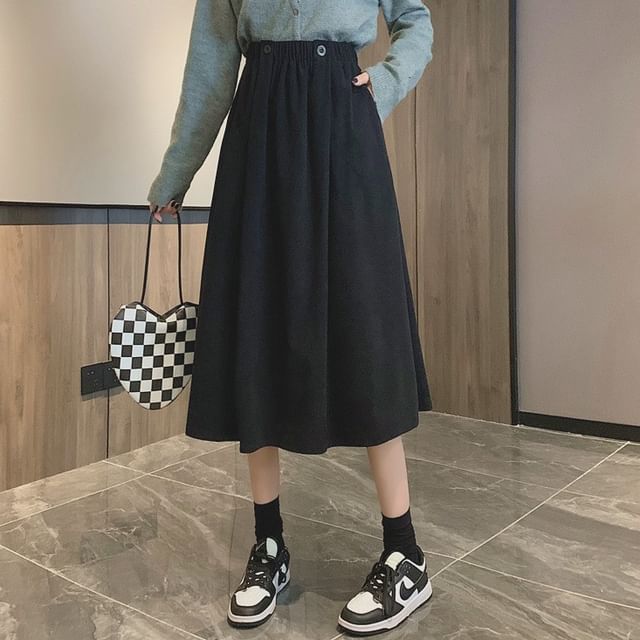 Elastic Waist Plain Pocket Midi A-Line Skirt