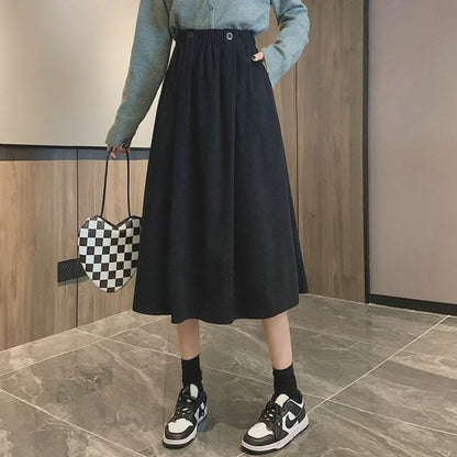 Elastic Waist Plain Pocket Midi A-Line Skirt