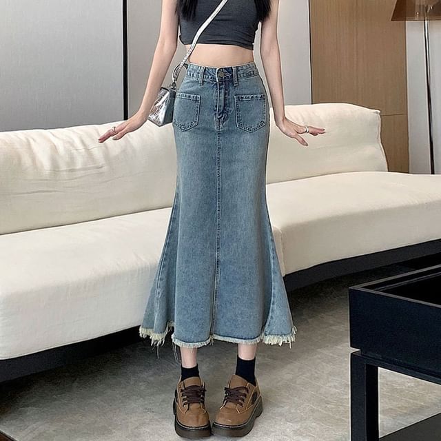 High Waist Washed Fray Midi Mermaid Denim Skirt