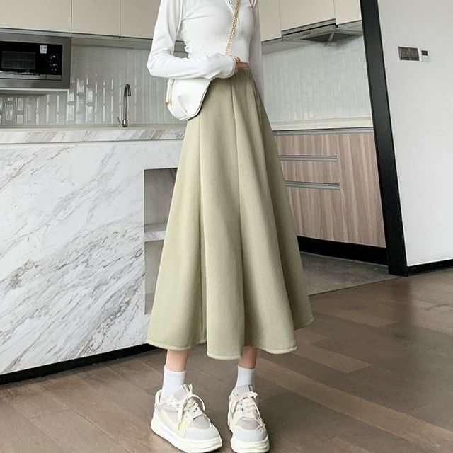 High Waist Plain Midi A-Line Skirt