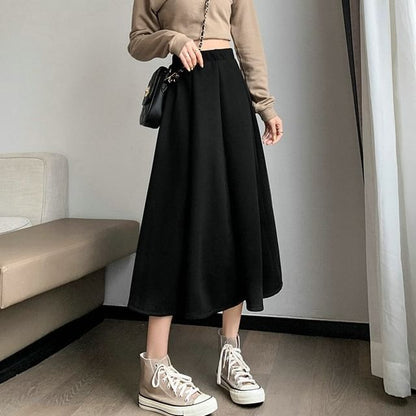 High Waist Plain Midi A-Line Skirt