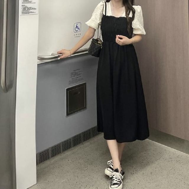 Puff Sleeve V-Neck Ruched Mock Two Piece Midi A-Line Dress