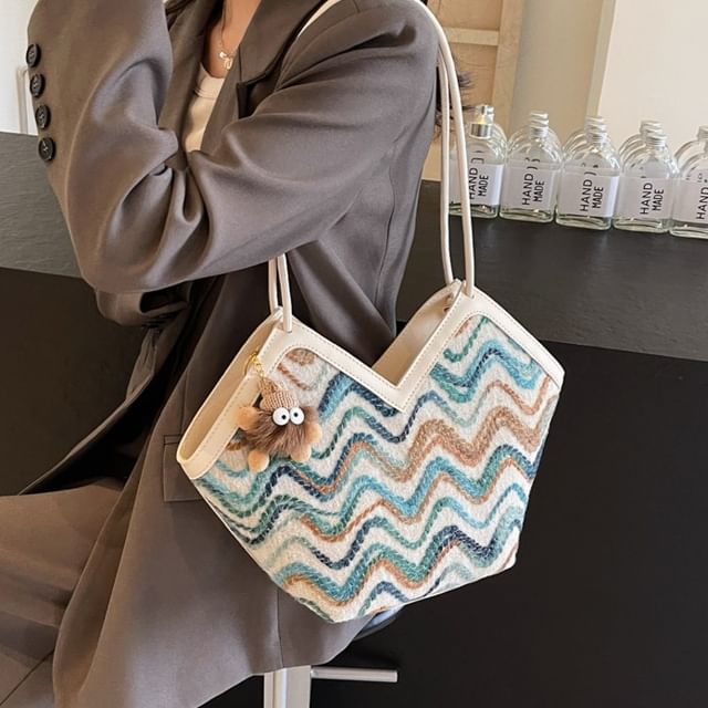 Wavy Striped Tote Bag / Bag Charm / Set