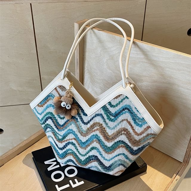 Wavy Striped Tote Bag / Bag Charm / Set