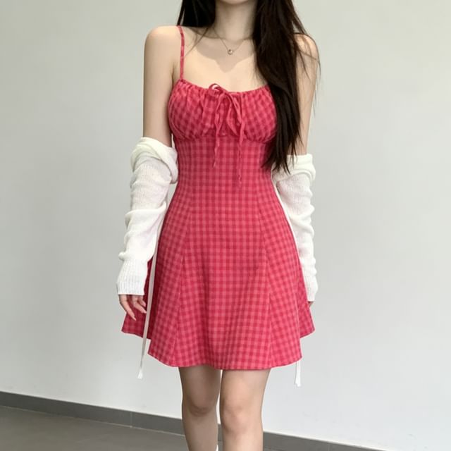 Set: Thin Strap Dotted Mini A-Line Dress + Light Scarf