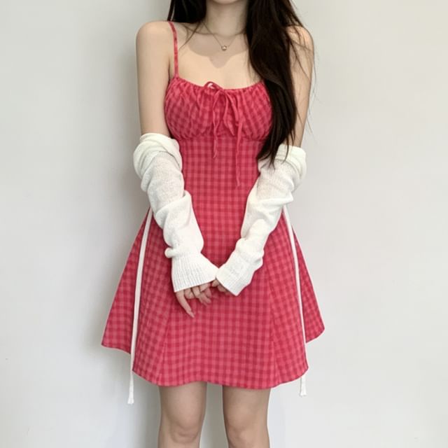 Set: Thin Strap Dotted Mini A-Line Dress + Light Scarf