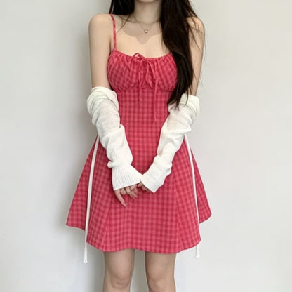 Set: Thin Strap Dotted Mini A-Line Dress + Light Scarf