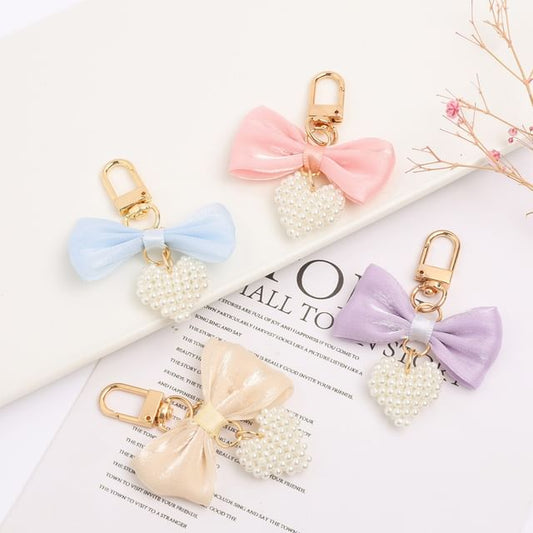 Bow Fabric Heart Faux Pearl Bag Charm Keyring (Various Designs)