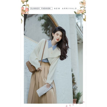 Long-Sleeve Plain Crop Top / Striped Shirt / High Waist Maxi A-Line Pleated Skirt / Set