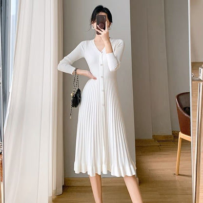 Long-Sleeve V-Neck Plain Ribbed Knit Midi A-Line Dress