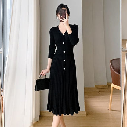 Long-Sleeve V-Neck Plain Ribbed Knit Midi A-Line Dress