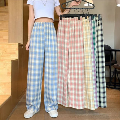 Elastic Waist Plaid Wide Leg Pants