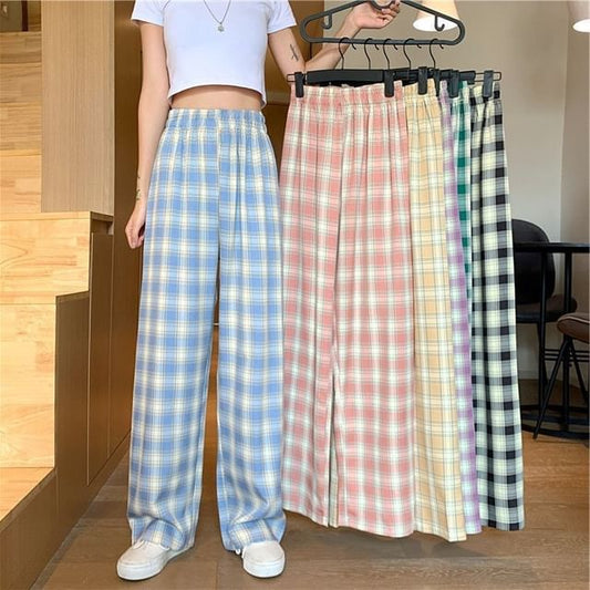 Elastic Waist Plaid Wide Leg Pants