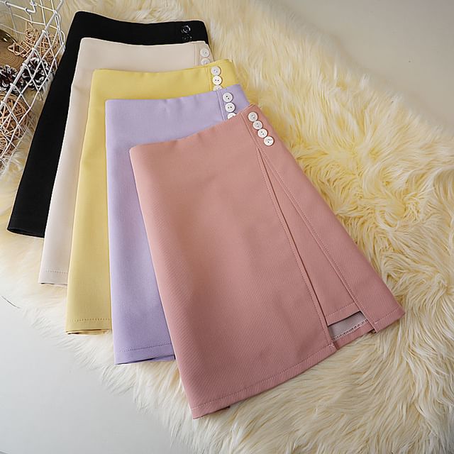 High Waist Plain Button Panel Mini A-Line Skirt
