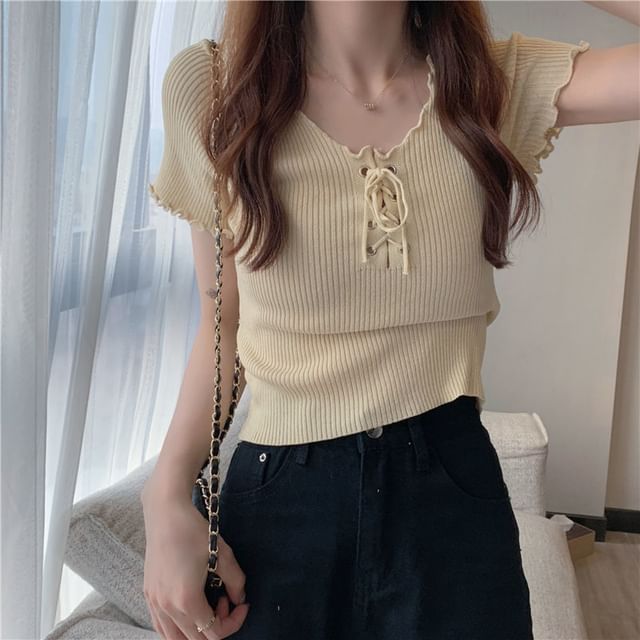 Short-Sleeve V-Neck Plain Lace Up Ribbed Knit Top