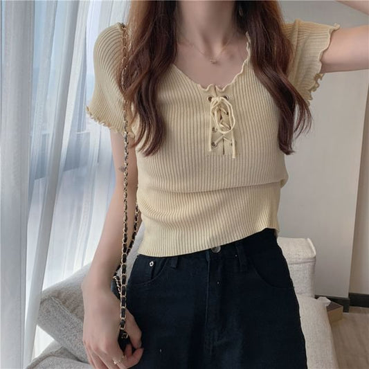 Short-Sleeve V-Neck Plain Lace Up Ribbed Knit Top