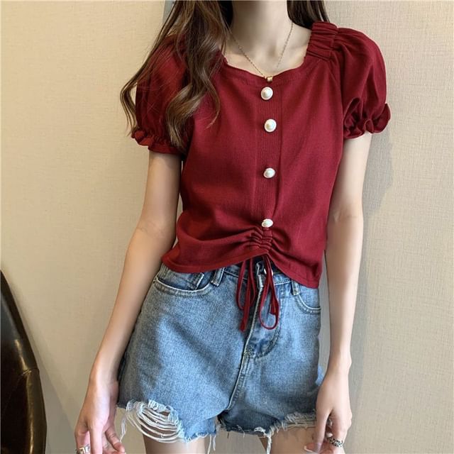 Short-Sleeve Square Neck Plain Faux Pearl Button Drawstring Knit Top