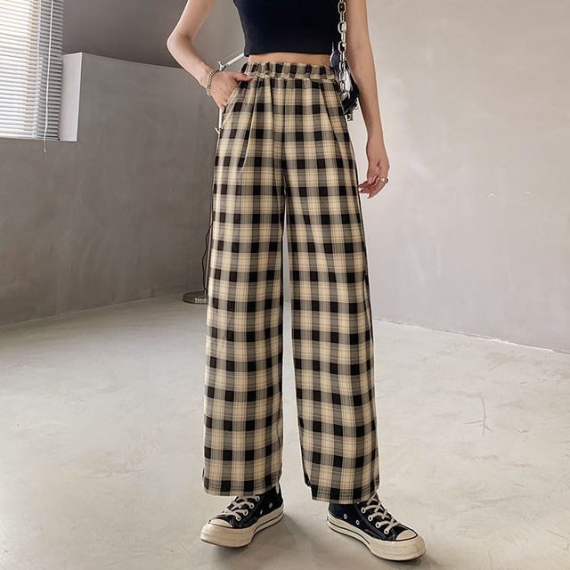 Elastic Waist Plaid Wide Leg Pants
