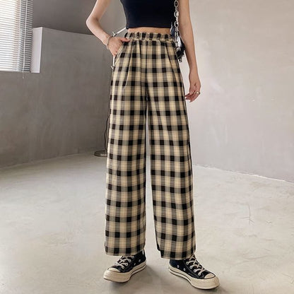 Elastic Waist Plaid Wide Leg Pants