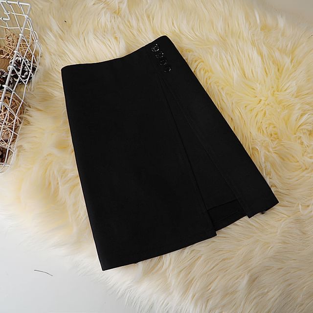 High Waist Plain Button Panel Mini A-Line Skirt