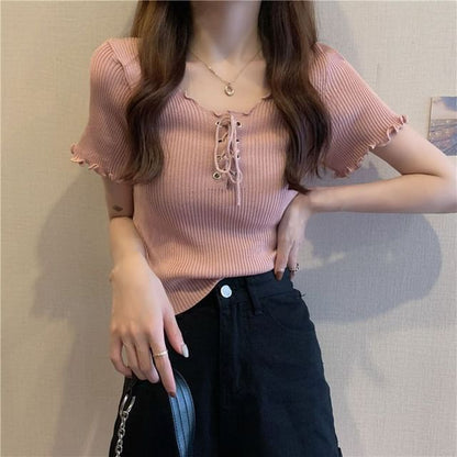 Short-Sleeve V-Neck Plain Lace Up Ribbed Knit Top