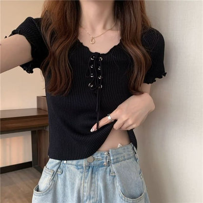 Short-Sleeve V-Neck Plain Lace Up Ribbed Knit Top