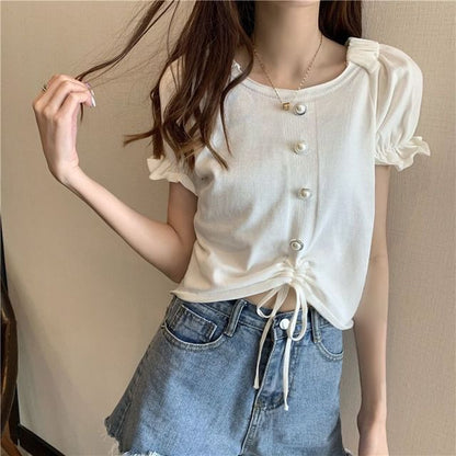Short-Sleeve Square Neck Plain Faux Pearl Button Drawstring Knit Top