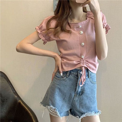 Short-Sleeve Square Neck Plain Faux Pearl Button Drawstring Knit Top