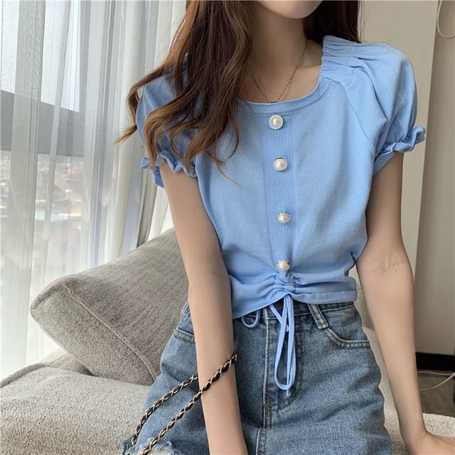 Short-Sleeve Square Neck Plain Faux Pearl Button Drawstring Knit Top