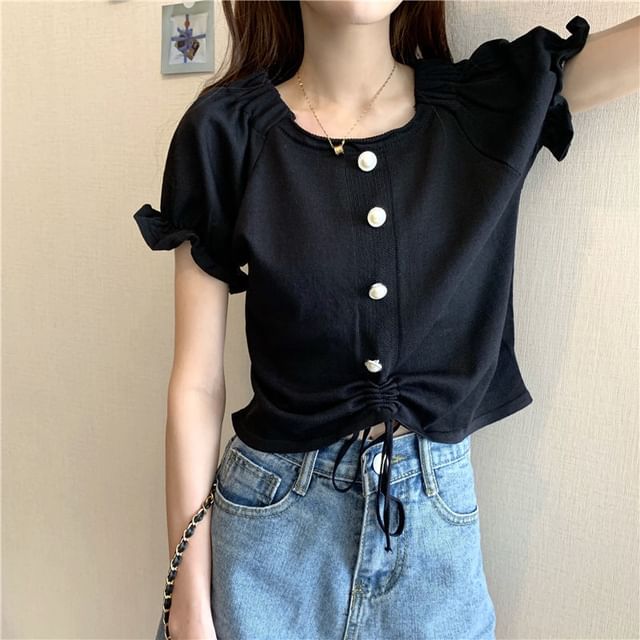 Short-Sleeve Square Neck Plain Faux Pearl Button Drawstring Knit Top
