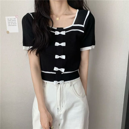 Short-Sleeve Square Neck Bow Knit Top